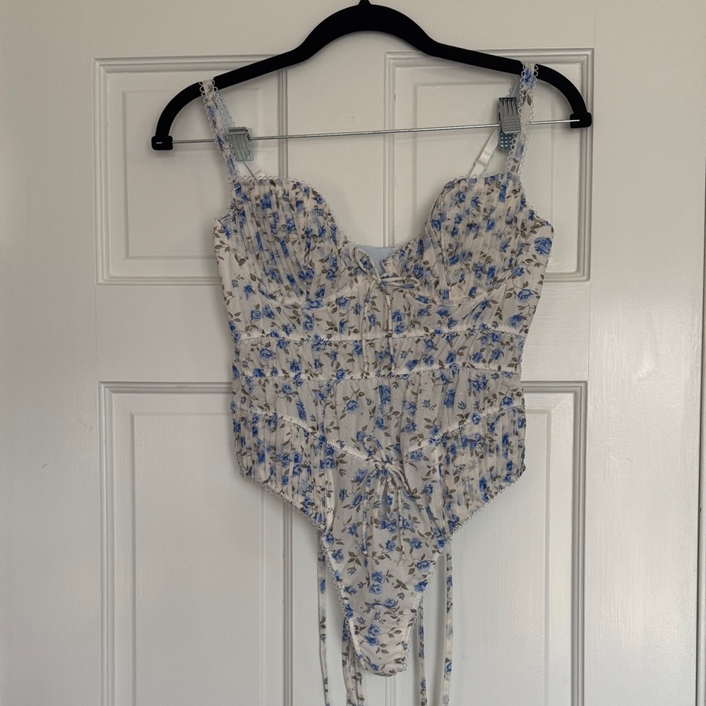 For Love & Lemons White Floral Lace-Trim Bodysuit with Blue Roses